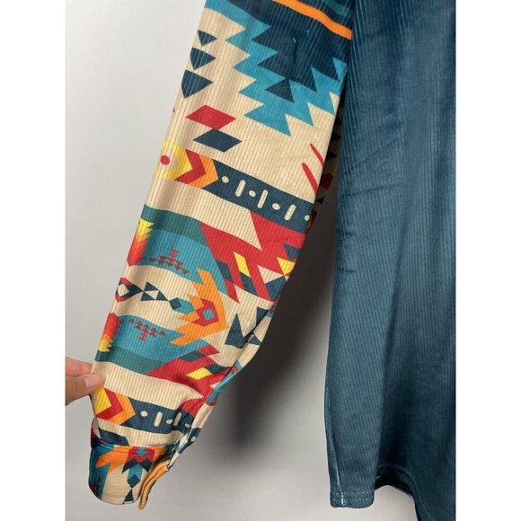 Rowdy‎ Crowd Blue Western Aztec Soft Ribbed Velvet Long Sleeve Button Up Shirt L - Picture 2 of 6